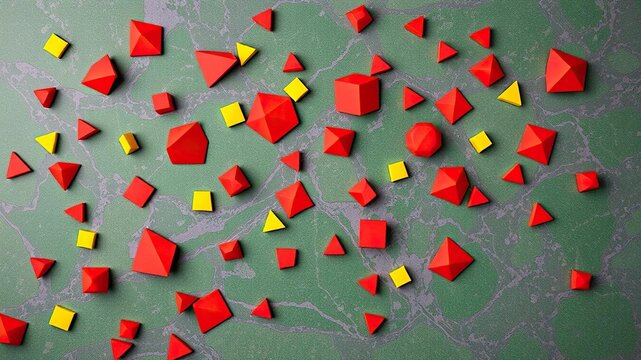 Red and yellow geometric polygons scattered across a green and purple marbled surface, modern designs, geometric polygons
