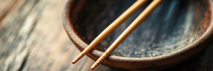 Chopsticks Resting on Rustic Bowl Close-Up
