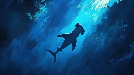 Majestic Hammerhead Shark Swimming Gracefully Through Vibrant Blue Water in Deep Sea Environment with Sunlight Filtering Down from Above