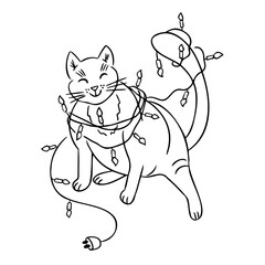 Black and white line art illustration of playful cat tangled in Christmas lights, radiating festive and humorous holiday spirit. vector doodle hand drawn drawing isolated on white background