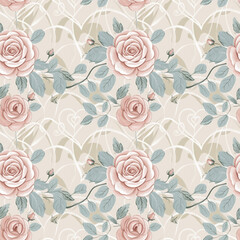 Delicate hand-drawn rose pattern with hearts and green leaves, seamless design