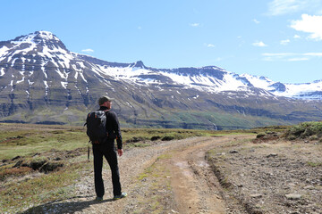 solo hiker in a sunny arctic landscape with snow capped mountains © Niki