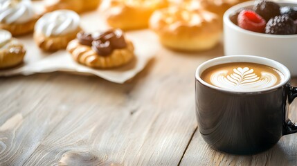 Fototapeta premium Warm Cup of Coffee and Fresh Pastries - Cozy Breakfast Setup Bathed in Soft Sunlight on Rustic Wooden Table Perfect for Morning Vibes and Culinary Inspiration