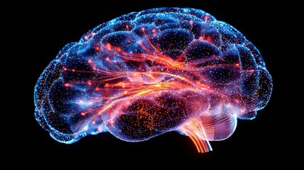 Obraz premium A vibrant, digital representation of a brain highlighted with glowing neural connections against a dark background.