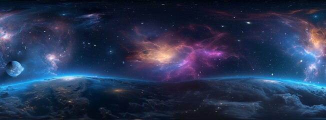 360 degree equirectangular projection space background with nebula and stars, environment map. HDRI spherical panorama, Generative AI