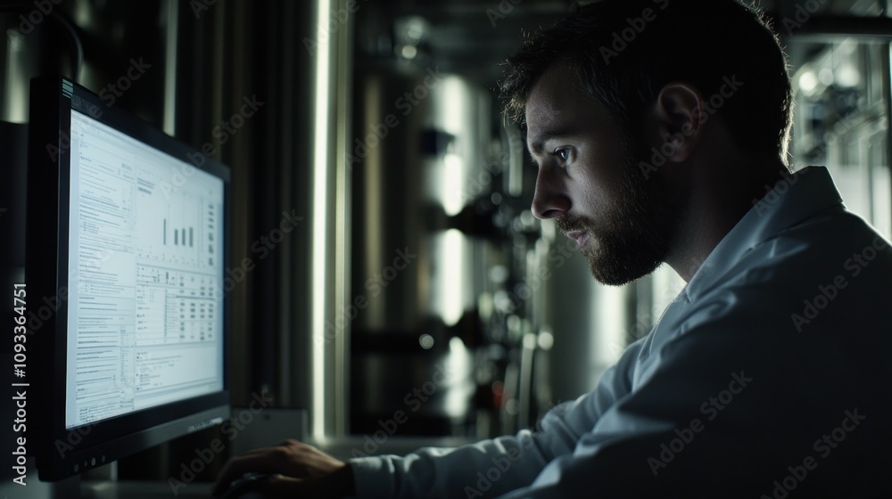 Aufkleber a man in a white lab coat monitors a computer screen in a dimly lit industrial setting.