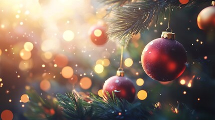 A close-up shot of Christmas ornaments on a tree with bokeh garlands in the background, conveying the festive spirit of the New Year season. 