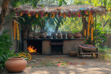 Authentic Pongal Outdoor Kitchen With Clay Pots on Open Fire, Coconut Leaf Canopy, and Decorated Bullock Cart With Colorful Garlands in a Festive