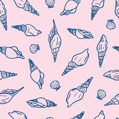 Spiral seashells hand drawn seamless pattern. Blue shells on pink background.