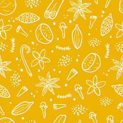 Spices seamless pattern. Aroma ingredients on yellow background. Hand-drawn illustration of aromatic spices. Wallpaper featuring cloves, nutmeg, cardamom, cinnamon, star anise, and vanilla
