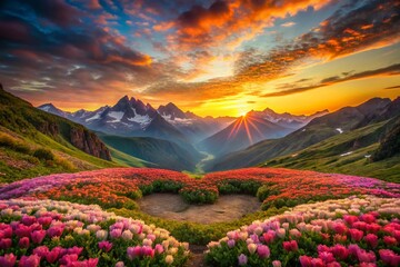 Romantic Valentine Landscape with Heart-Shaped Flower Borders, Majestic Mountains, and Scenic Sunset for Love-Themed Decor and Celebrations