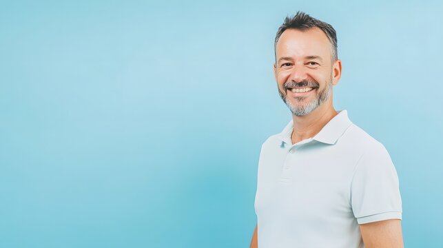 Smiling middle-aged Caucasian man against a bright blue background.