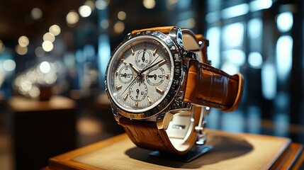 A luxury watch displayed elegantly on a stand, highlighting its features and craftsmanship.