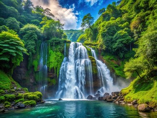 Fototapeta premium Forest-covered mountain, powerful waterfall, stunning AI art scene.