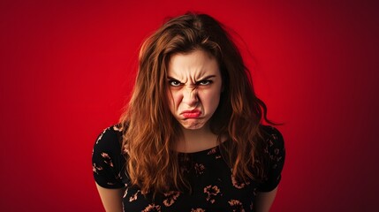 Fototapeta premium Angry young woman with long hair against a vivid red background.