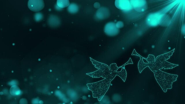 Two shining Christmas angels playing with trumpets in light particles background. Seamless loop of angels singing 4k