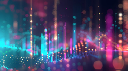 Abstract data visualization landscape with bar charts, pie graphs, and interconnected nodes