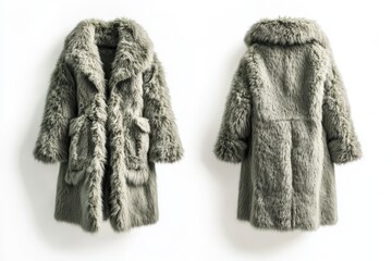 Green oversized faux fur coat, crafted from cruelty-free synthetic materials, shown in front and back views on white background, ideal for branding and sustainable fashion designs