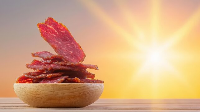 Deliciously arranged beef jerky slices in a bowl against a bright sunset backdrop.