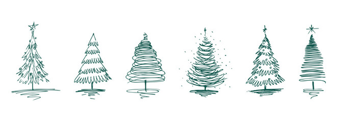 Doodles of different christmas trees silhouettes, vector hand drawn firs illustration, isolated on white