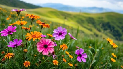 Obraz premium Vibrant pink, orange, and yellow flowers in full bloom against a backdrop of lush green meadows on the plateau, colorful, yellow, wildflowers