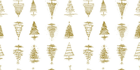 Seamless pattern of doodles different golden christmas trees silhouettes, vector hand drawn background, paper, wrapper, fabric, wallpaper