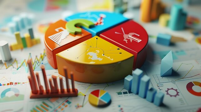 A 3D pie chart with various trade symbols around it illustrating international business growth - Powered by Adobe