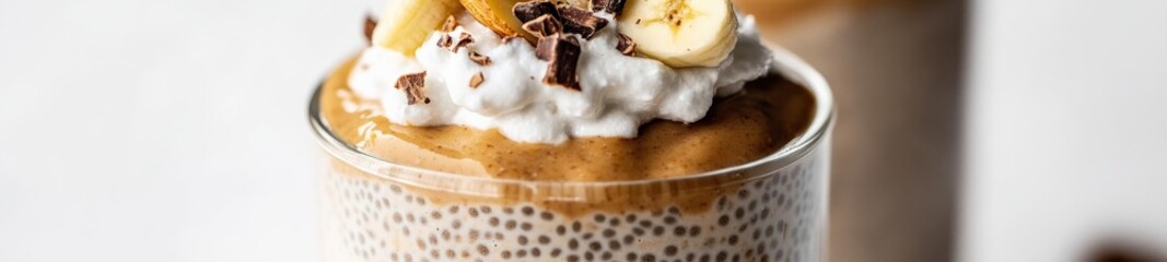 Layered Chia Pudding in Glass Jar with Toppings on White Background