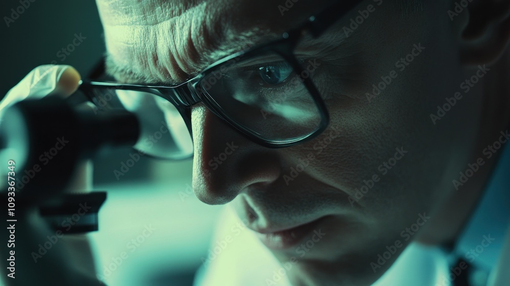 Poster close-up portrait of a man in glasses looking through a microscope