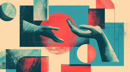 Helping hand in geometric shapes pattern background image. Friendship and support abstract idea flat colorful illustration backdrop horizontal. Cubism style wallpaper art concept