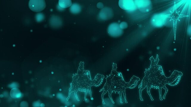 Three wise men looking to the star of Bethlehem in light particles. Seamless Loop of Nativity Christmas story. 4k