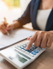 close up young woman hand press on calculator to check and summary expense of home loan mortgage for refinance plan , people lifestyle concept 