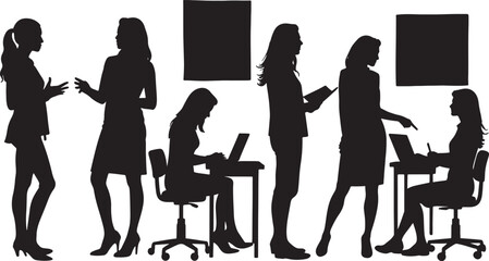 Vector Black and white vector silhouettes of women in various business and educational settings, including presentations, meetings, teaching, and discussions