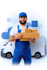 Delivery worker carrying packages in blue uniform against van backdrop