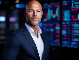 A bald man in a suit standing in front of a stock market display