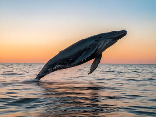 Fototapeta premium A humpback whale breaches the ocean surface, its massive body silhouetted against the setting sun