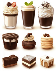 Delicious assortment of desserts and beverages featuring chocolate and cream varieties