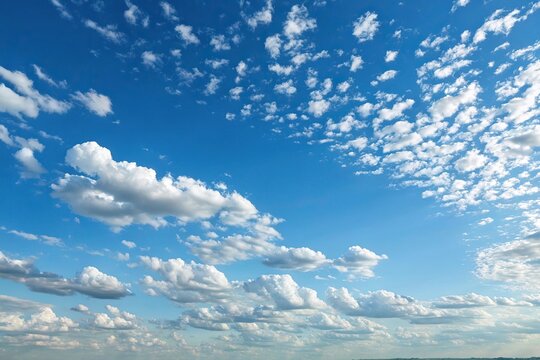 A clear blue sky with scattered white altocumulus clouds that create a beautiful gradient effect, white cloud, gradient effect, altocumulus cloud