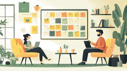 Fototapeta premium Cozy Family Workspace Illustration Featuring Two People Engaged in Creative Activity with Notes and Plants in a Bright and Inviting Environment