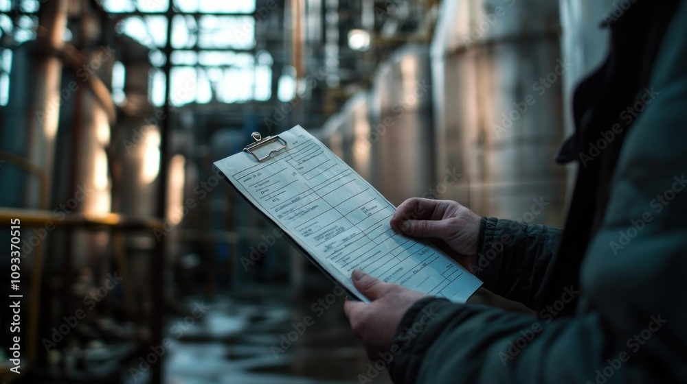 Poster a worker in a factory, reviewing a document, with blurred background.