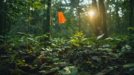 Tree marking flags placed on the forest floor, fluttering in the breeze symbolizing designated planting areas for reforestation efforts