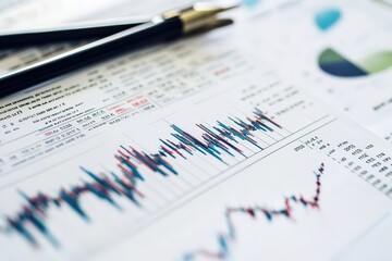 Close-up photo of financial charts with graphs and pen.
