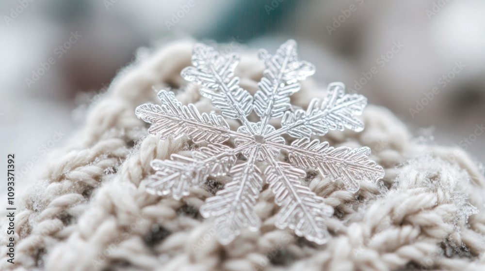 Poster a delicate snowflake on a white knitted surface