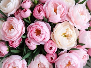 A lush arrangement of fresh peonies in various shades of pastel pink and white, nature, blossoming, arrangement