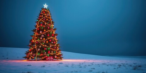 A majestic Christmas tree stands tall in a snowy field adorned with colorful lights and ornaments, festive decorations, holiday cheer, christmas tree
