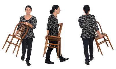 various poses of same walking woman carrying chair on white background