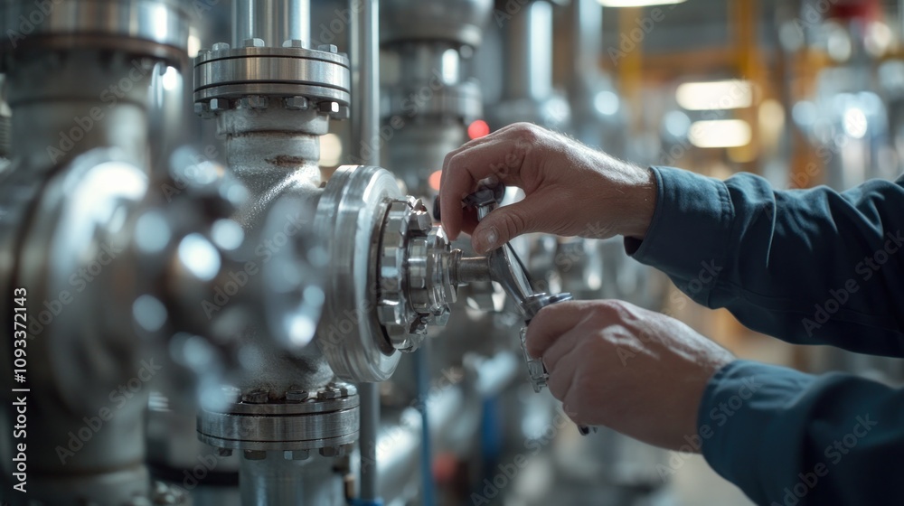 Poster close-up of a worker's hands adjusting a valve in an industrial setting