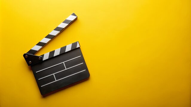 Creative Filmmaking Clapperboard on Bright Yellow Background for Cinema Concepts, Movie Production, and Filmmaking Visuals in Studio Environment