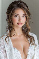 A beautiful young woman is meditating at home, wearing luxurious white clothes. The sunlight is shining down, the fabric is flowing, the beauty is timeless. This image gives a sense of peace.