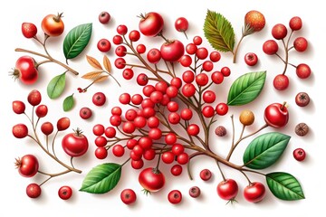 Vibrant Collection of Autumn and Winter Berries with Green Leaves and Branches in a Beautiful Vector Illustration for Seasonal Decor and Design